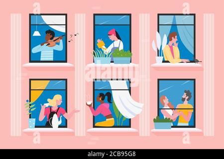 Neighbors people in house windows vector illustration. Cartoon flat man woman characters communicate, play violin, feed birds. Daily activity in neighboring home apartments, building facade background Stock Vector