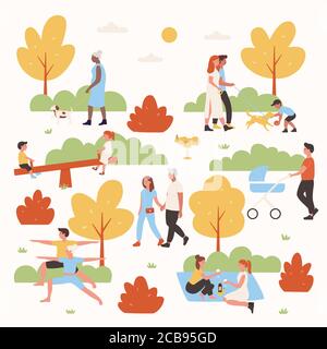 People relax in park vector illustration. Cartoon flat woman man couple characters or family with kid have fun in summer city park, walk, do yoga outdoor exercises, relaxing weekend isolated on white Stock Vector