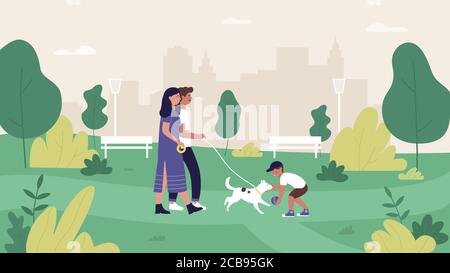 Family people in summer city park vector illustration. Cartoon flat mother, father and son characters walking and playing with pet dog in green park landscape, cityscape with happy family background Stock Vector