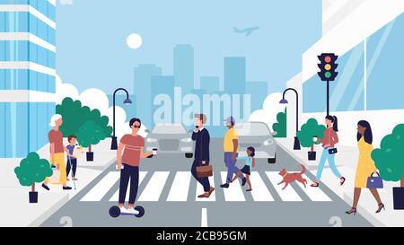 People crossing road vector illustration. Cartoon flat pedestrian character walking on zebra roadway crosswalk at traffic light, businessman, segway driver, mother and kid cross city street background Stock Vector