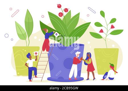 Environmental agriculture to save earth ecology vector illustration. Cartoon flat tiny gardener people watering plant or natural flowers, growing in big pot, characters care green life nature in farm Stock Vector