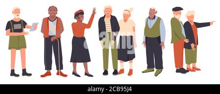 Senior people vector illustration flat set. Cartoon active old character collection of man woman retired happy persons, senior couple grandparents, smiling elderly lady and gentleman isolated on white Stock Vector