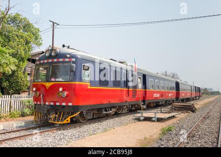 Pursat, Cambodia - Train bound for Battambang at Pursat Railway station in Pursat, Cambodia. Cambodia has 612km of 1000mm metre gauge rai Stock Photo