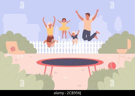 Trampoline jumping vector illustration. Cartoon flat family people jump and have fun together, active happy jumper characters bounce high on trampoline. Summer leisure outdoor activity background Stock Vector