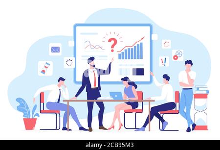 People in business teamwork vector illustration. Cartoon flat characters team work on analysis of financial analytics report, search solution. Business partnership, communication isolated on white Stock Vector
