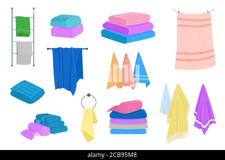 Cloth towel for bath, hygiene. Fabric towels set. Bathroom natural textile cartoon vector illustration set. Stock Vector