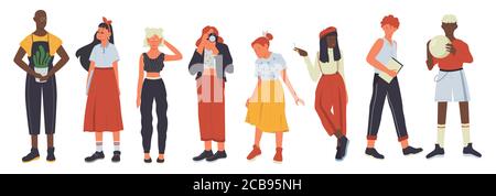 Young casual people diversity vector illustration set. Cartoon flat girl guy characters in modern casual clothes outfit standing in row, diverse group of stylish man and woman isolated on white Stock Vector