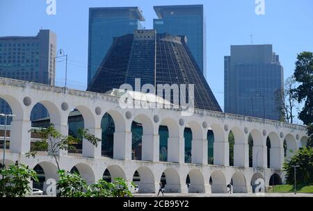 Brazil Rio de Janeiro - Lapa Arches - Arcos da Lapa and Metropolitan Cathedral Stock Photo