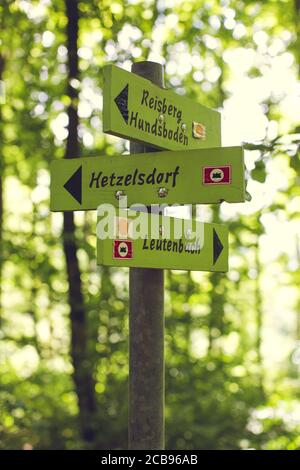 Vertical shot of green wooden sign showing different places in different directions Stock Photo
