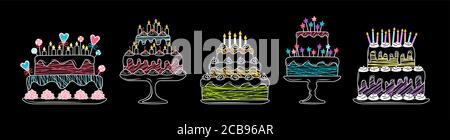 Birthday cakes linear flat set. Cartoon chalk graphic line delicious dessert. Party pie element, candles and chocolate slices, cream sweets. Vector illustration isolated on black background Stock Vector