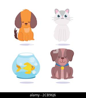 pet shop, cute dogs cat and fish in crystal bowl animal domestic cartoon vector illustration Stock Vector