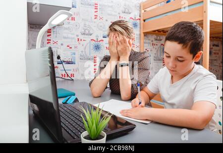 Child home studying education, homeschooling, distance learning Stock Photo