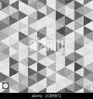 Geometric triangles background. Mosaic. Black and white grainy design. Pointillism pattern. Stippled vector illustration. Stock Vector