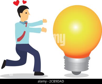 Businessman chasing after a giant light bulb. Concept of idea sourcing, innovation or creative thinking. Flat isolated vector illustration Stock Vector