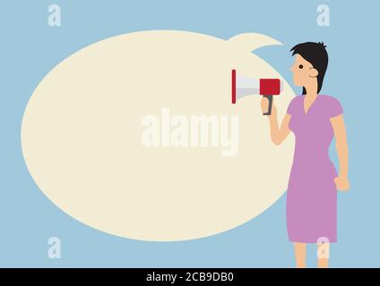 Woman with a megaphone and a giant speech bubble against a blue background. Concept of communication or announcement. Flat vector illustration. Stock Vector