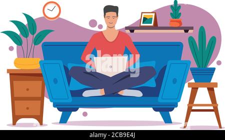 Young man is sitting with laptop on the sofa at home. Working on a computer. Freelance,online education or social media concept. Stock Vector