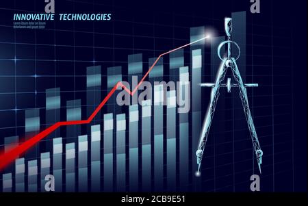 Drawing compass 3D low poly symbol. Growing profit graph strategy solution concept. Construction modern technology business icon. Education online Stock Vector