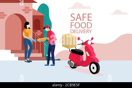 Safe fast food delivery at home during  covid-19 epidemic: man delivering a bag with a ready meal to a customer and keeping a safe distance. Stock Vector