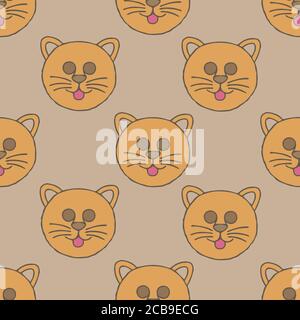 Cats seamless vector pattern with hearts. Cute hand drawn kitten faces. Stock Vector