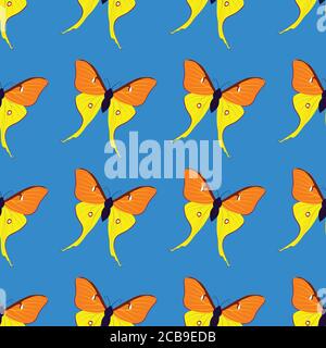 Seamless pattern of flying butterflies different colors. Vector illustration in vintage style on black background. Stock Vector