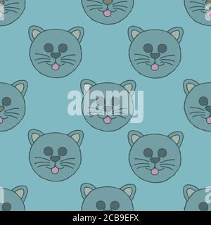 Cats seamless vector pattern with hearts. Cute hand drawn kitten faces. Stock Vector