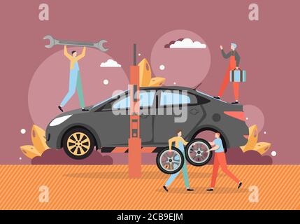 Tire change and car service, auto repair shop, vector flat illustration Stock Vector