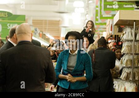First Lady Michelle Obama visits the Fresh Grocer store in Philadelphia as she promotes the Fresh Food Financing Initiative on Feb. 19 2010. Stock Photo