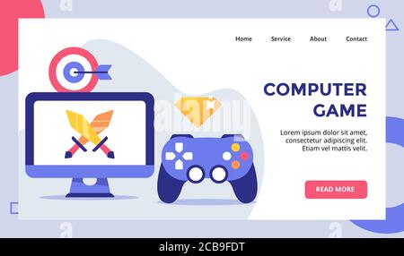 Computer game sword on display monitor campaign for web website home homepage landing page template banner flyer with modern flat style Stock Vector
