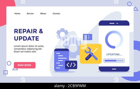 Repair and update loading icon on display smartphone screen for web website home homepage landing page template banner with modern flat style Stock Vector