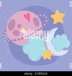cartoon saturn planet cloud half moon stars heart image vector illustration Stock Vector