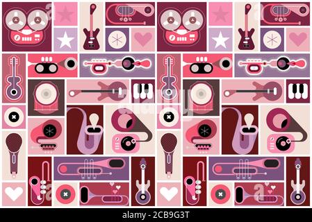 Music instruments collage, pop-art vector illustration. Musical poster design with many different elements. Can be used as seamless background. Stock Vector