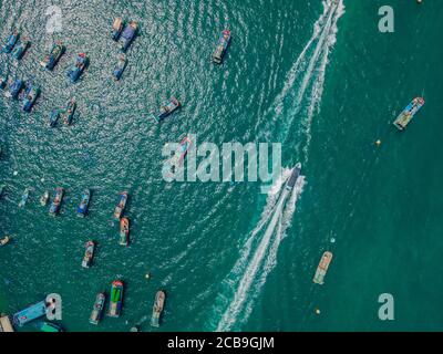 Aerial view of small boat flowing in sea, travel and vacation concept Stock Photo