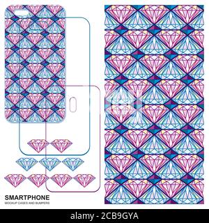 Mobile phone cover design. Diamond, precious stone, Bright and fashionable seamless pattern. Mobile phone cover back. Stock Vector