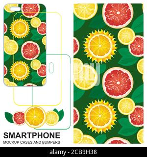 Mobile phone cover design. Seamless pattern with slices of lemons, grapefruits and sun. Bright yellow lemon, red grapefruit and Sun. Vector background Stock Vector