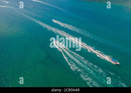 Aerial view of small boat flowing in sea, travel and vacation concept Stock Photo