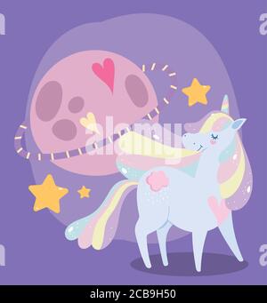 unicorn planet stars rainbow color decoration magic cartoon vector illustration Stock Vector