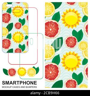 Mobile phone cover design. Seamless pattern with slices of lemons, grapefruits and sun. Bright yellow lemon, red grapefruit and Sun. Vector background Stock Vector