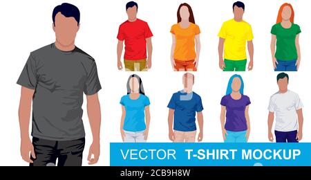 Round neck t-shirts templates. Set of colored shirt mockup in front view. Big t-shirt templates collection of different colors. Vector illustration. Stock Vector