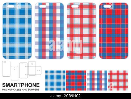 Mobile phone cover design. Seamless Tartan Tiles. Tartan and Gingham Flannel Shirt Patterns. Trendy Hipster Style Backgrounds. Mobile phone cover back Stock Vector
