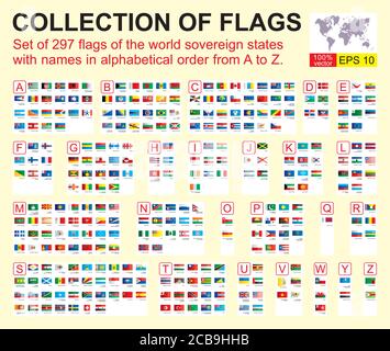 Set of 297 flags of the world sovereign states with names in alphabetical order from A to Z. Vector illustration. Stock Vector