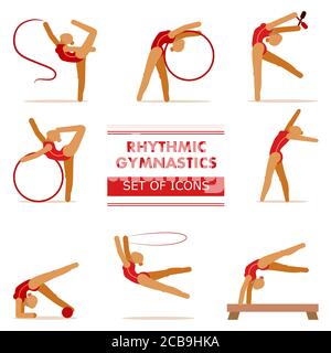 Rhythmic gymnastics. Set of icons. Vector illustration isolated on white background. Ribbon, hoop, clubs, ball, jump rope. Simplified flat style. Stock Vector