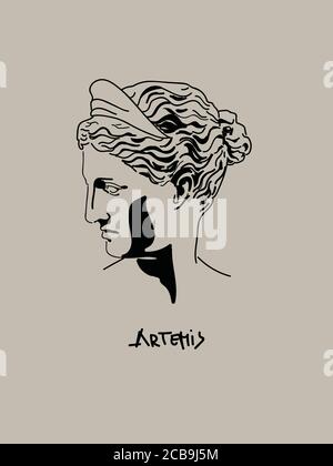 Greek Goddess Artemis Vector Art Portrait. Shadow Drawing. Modern and Minimalist Stock Vector