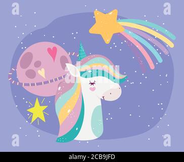 unicorn planet shooting star rainbow sweet cartoon vector illustration Stock Vector