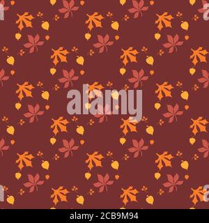 Seamless patterns. Leaves and branches of different colors and shapes on a dark burgundy background. Bright decoration, for decoration and design Stock Vector