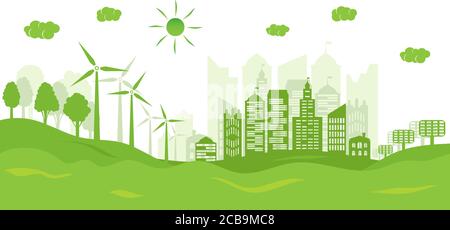Green city concept and environment conservation. Renewable energy with a wind generators and solar panels. Vector Illustration. Stock Vector