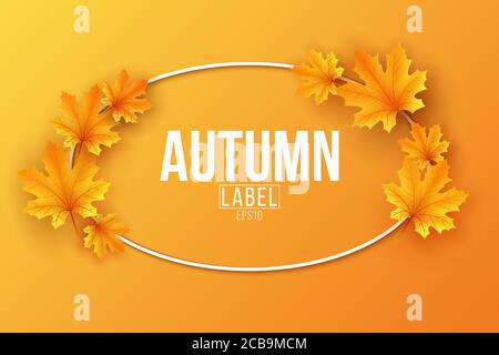 Autumn seasonal label with maple leaves on orange background. Festive template for design your advertisement. Greeting card. Vector illustration. EPS Stock Vector