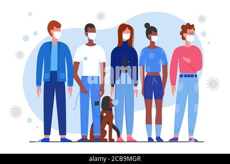 Crowd of young people in medical masks character flat vector illustration. Man, woman and dog stand together, use respirator to protect breath from covid 19 virus in air. Poster, banner, web Stock Vector