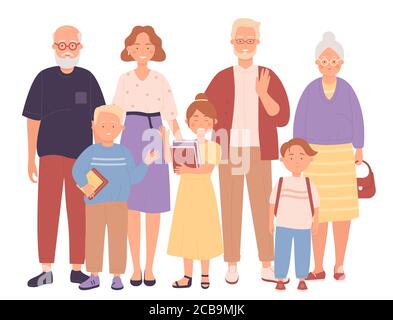 Three generation happy full big family together flat character vector illustration concept. Grandparents, smiling parents and kids. Time together. Stock Vector