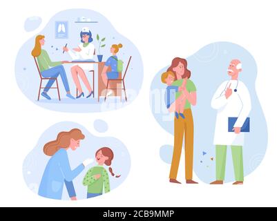 Happy caring young mother visit pediatrician doctor with small child, flat vector illustration. General practitioner consults patients at checkup in clinic, medical insurance, healthcare treatment. Stock Vector