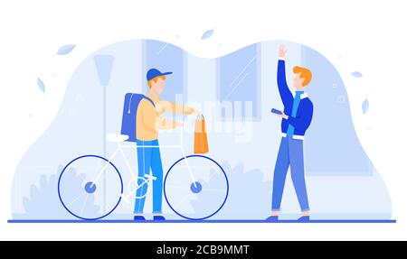 Delivery food vector illustration. Cartoon boy deliveryman courier character delivers bag on bike, client ordering food via mobile app. Flat fast express delivering service business isolated on white Stock Vector
